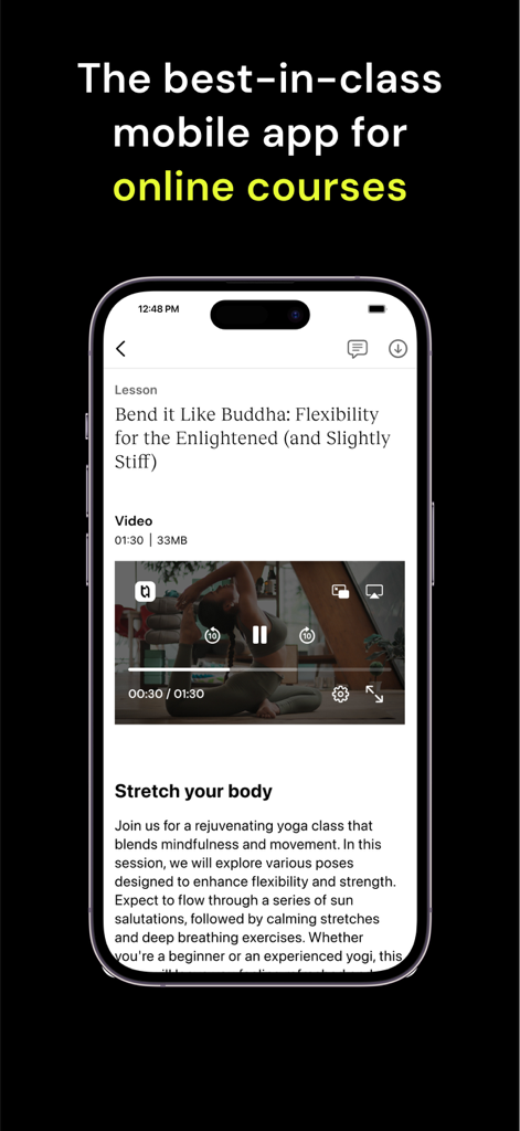 Teachable online courses - iPhone displaying a yoga video lesson in the Teachable online courses app