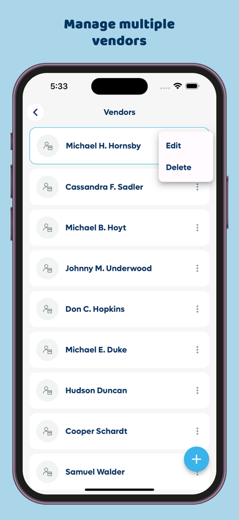 Captura de tela do aplicativo gerador de pedidos de compra mostrando uma lista de fornecedores com opções para editar ou excluir informações de contato.