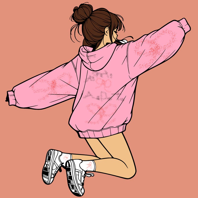 realistic girl jumping with a bun and oversized sweatshirt