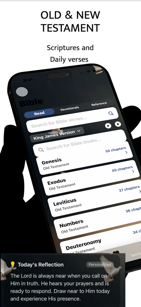 Holy Bible .. - Mobile App-Oberfläche mit einer Liste von Bibelbüchern und einer Benachrichtigung über tägliche Reflexionen