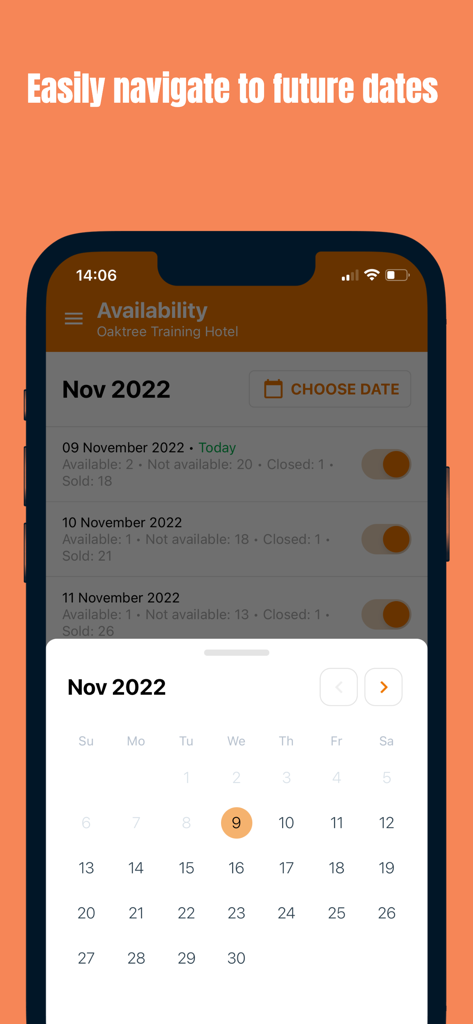 ZUZU HMS - ZUZU HMS mobile app showing the availability management screen with a pop-up calendar to select future dates