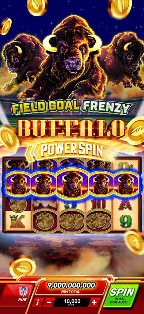 NFL Super Bowl Slots Casino - NFL Super Bowl Slots game interface showing Buffalo PowerSpin with a nine billion coin win total