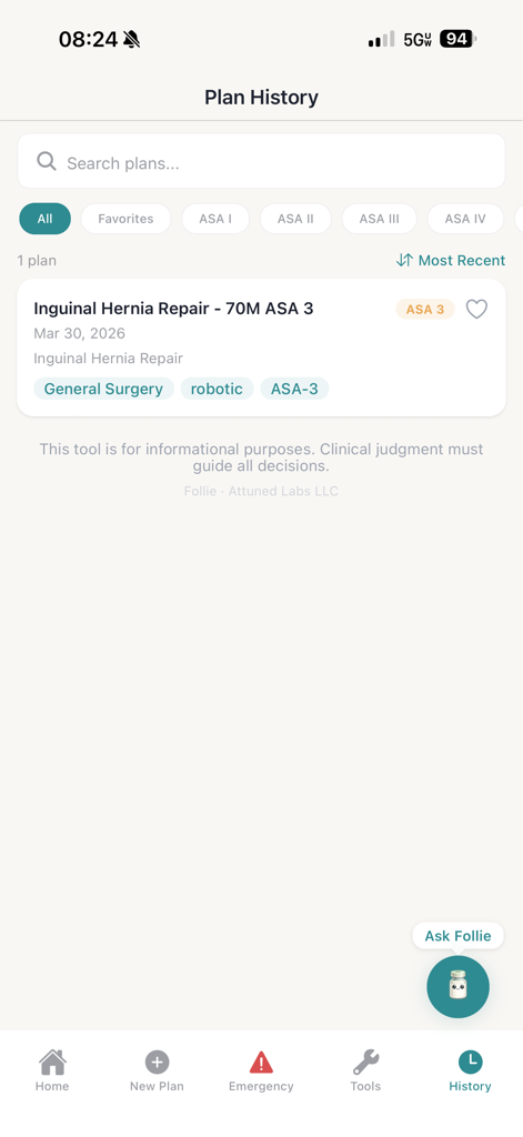 Follie - Anesthesia Assistant - Anesthesia case plan history screen with ASA classification filters and search bar.