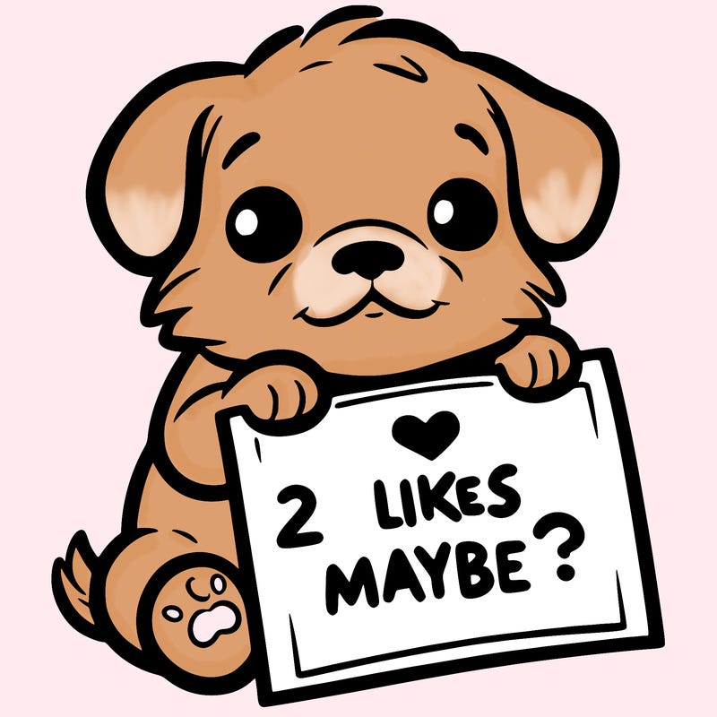 a puppy holding a sign that says 2 likes maybe?