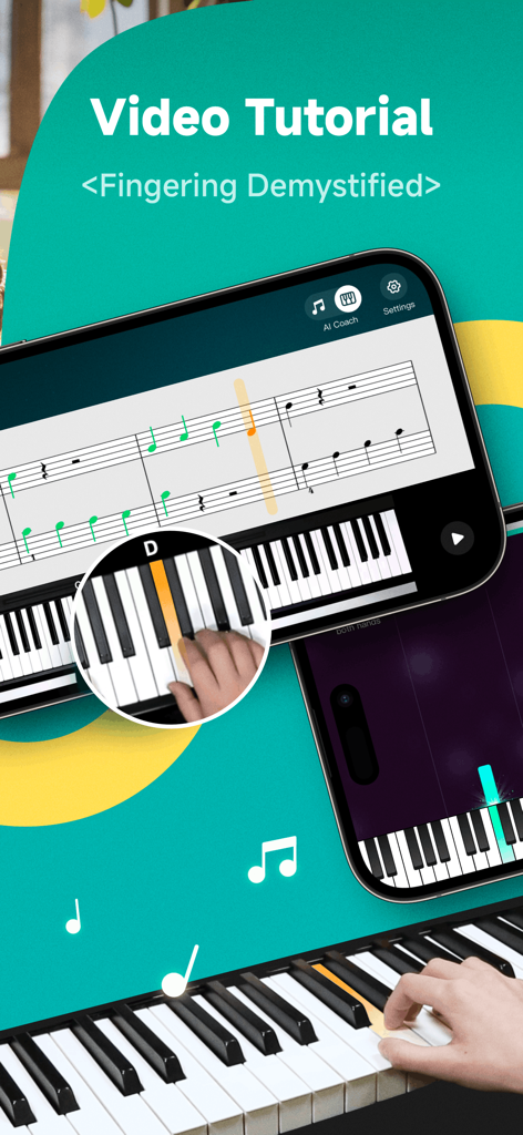 La aplicación KeyTap muestra un tutorial en video para la digitación del piano con partituras digitales e interfaz de teclado virtual.