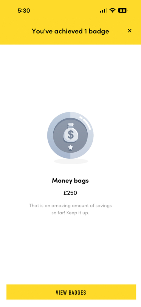 Try Dry app achievement badge showing 250 pounds saved from cutting back on alcohol