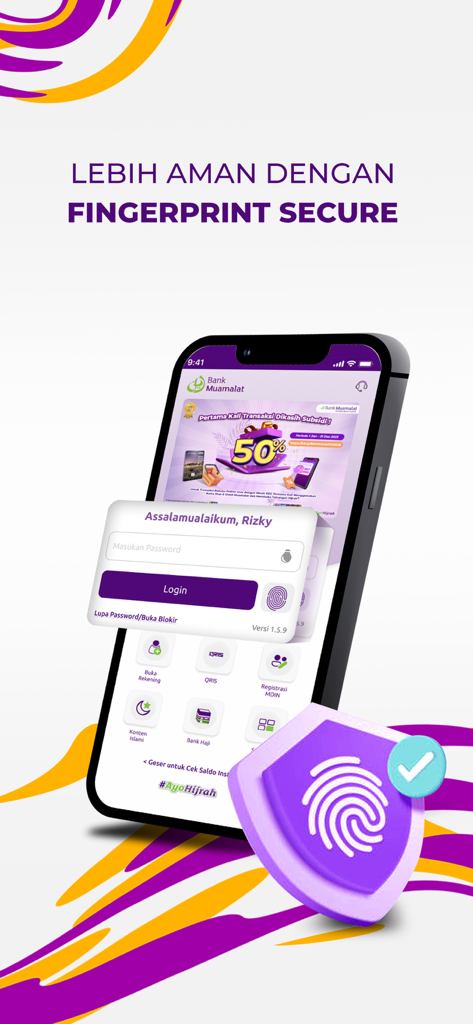 Muamalat DIN - Muamalat DINアプリのログイン画面。強化されたセキュリティのための指紋生体認証が特徴です。