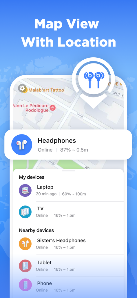 A screenshot showing the map view and list of nearby bluetooth devices including headphones and laptops on the Find Bluetooth Device Tracker app.