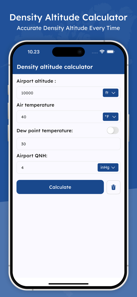 Density Altitude Calculators - Density Altitude Calculator app screen showing input fields for airport altitude air temperature and QNH