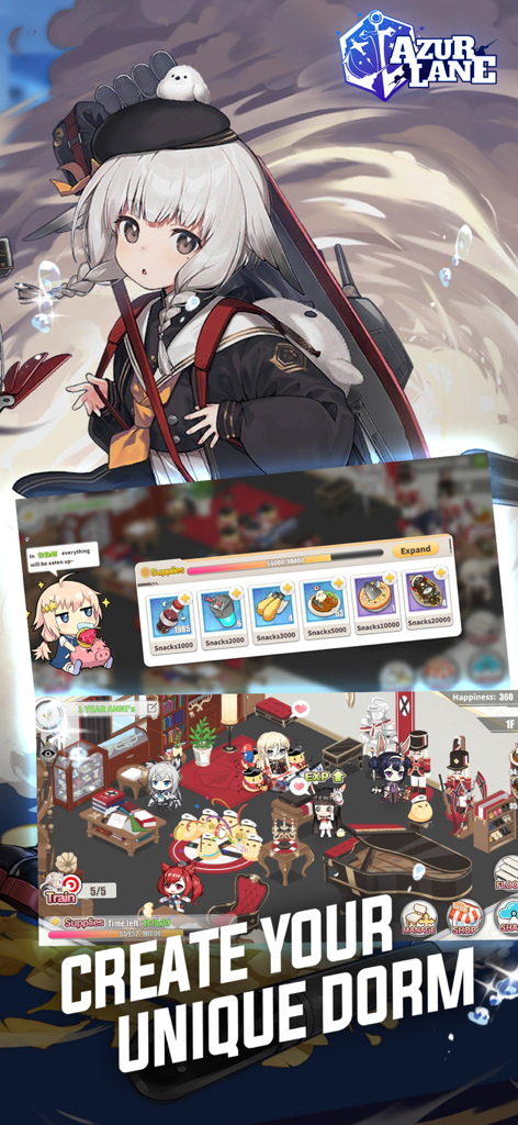 Azur Lane mobile game screenshot showing the unique dorm creation feature with chibi anime characters and furniture