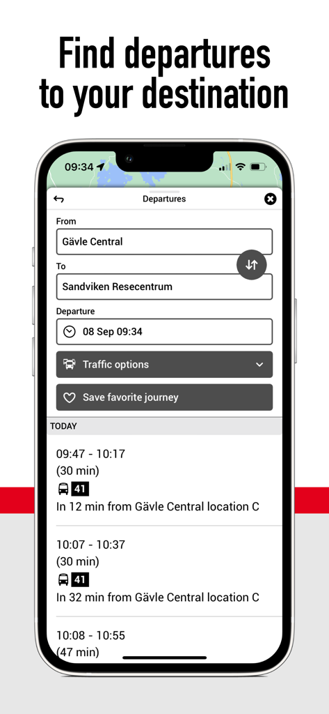 X-trafik - X-trafik app screen showing bus departure times from Gavle Central to Sandviken