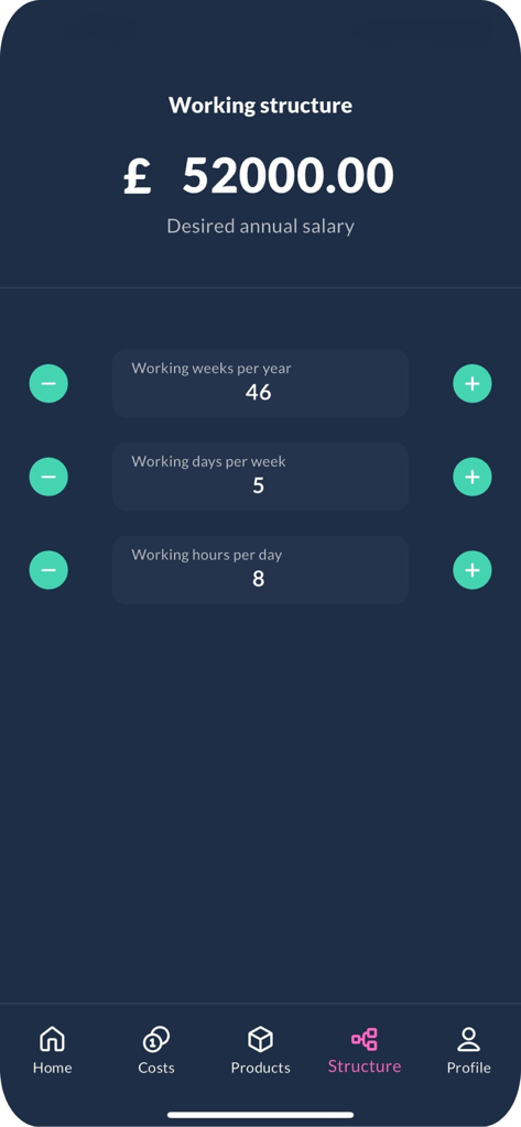 A interface do aplicativo The Freelance Suite para definir um salário anual desejado e uma estrutura de horas de trabalho.