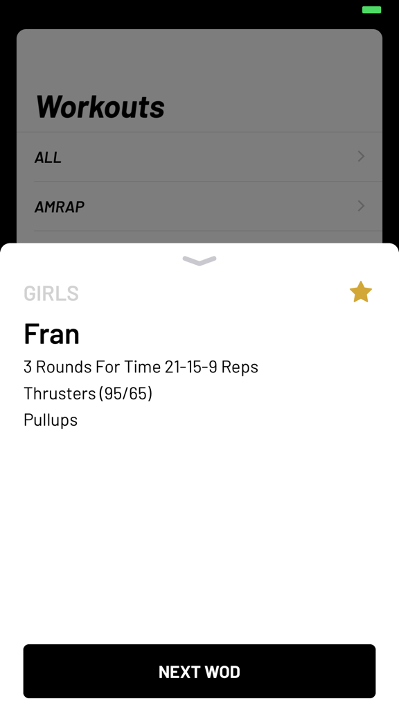 Fran benchmark workout details in the Random WOD Generator app showing thrusters and pullups