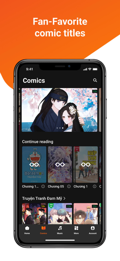 POPS - Your Comic Destination - Smartphone screen showing the POPS app comics section with fan favorite titles.