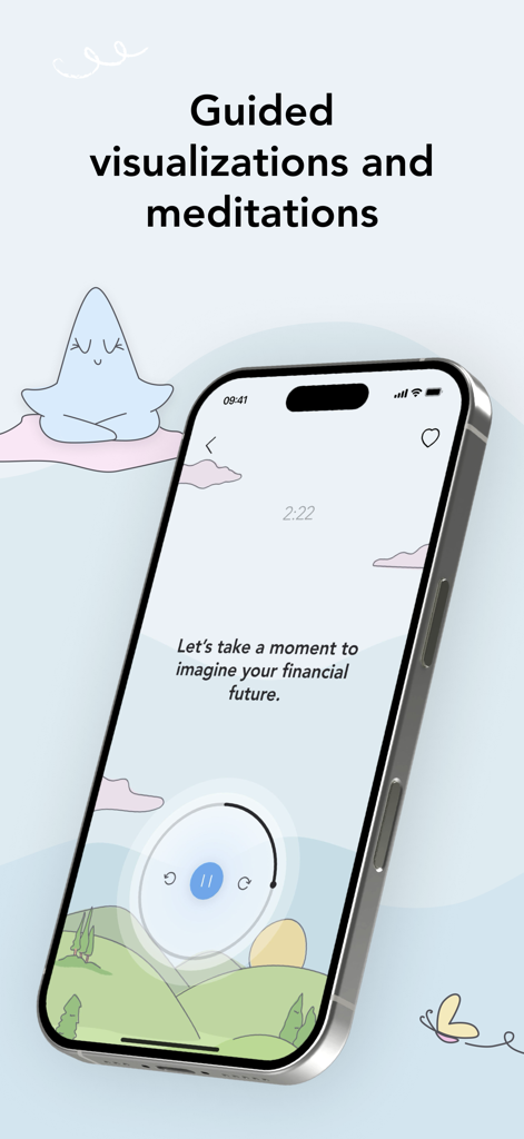 Manifest: Daily Journal - Una pantalla móvil que muestra una sesión de visualización y meditación guiada para el futuro financiero en la aplicación Manifest