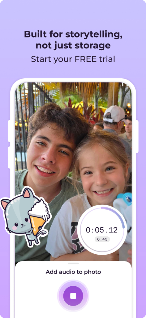 Firsties: Family Photo Sharing - Interface of the Firsties app showing the audio storytelling feature to add voice notes to family photos