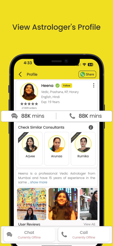 Astrotalk - Talk to Astrologer - Astrotalk app screenshot showing an astrologer's profile with details on experience, ratings, and chat or call buttons.