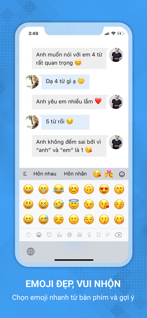 Laban Key emoji keyboard showing various emojis and a Vietnamese chat interface
