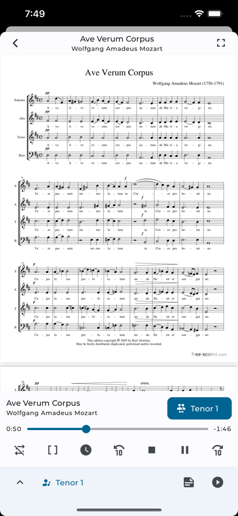 Digital sheet music reader and audio player for choir practice showing Mozart's Ave Verum Corpus.