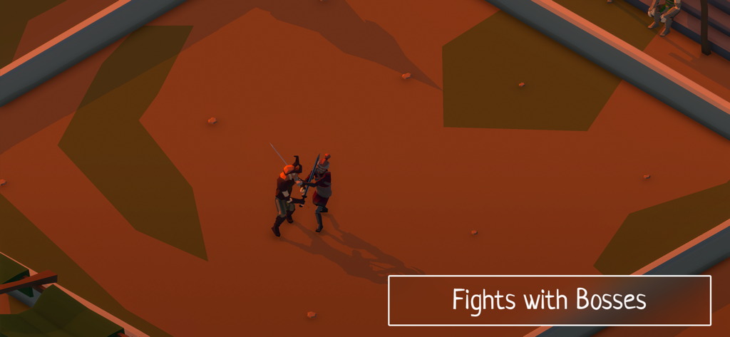 Slash of Sword - Dos gladiadores entablando un duelo de espadas durante una batalla contra un jefe en una arena.