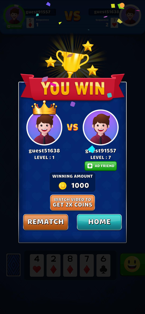 Victory screen in the Wild Jacks card game showing a You Win message with a trophy and coin rewards.