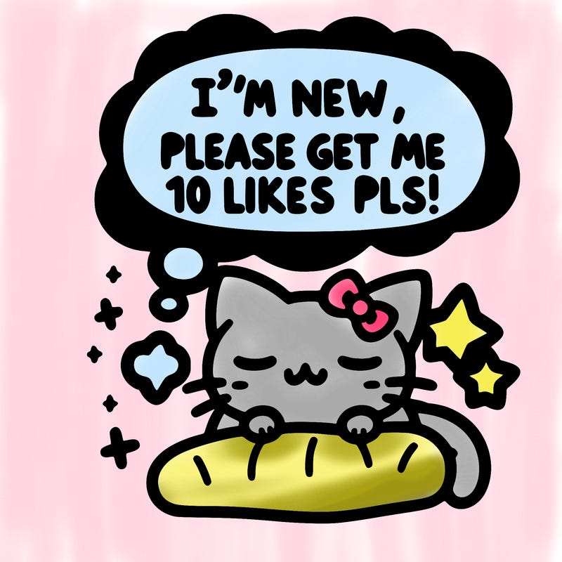 kitty taking a nap dream talking and saying "i'm new, please get me at least 10 likes pls!!"