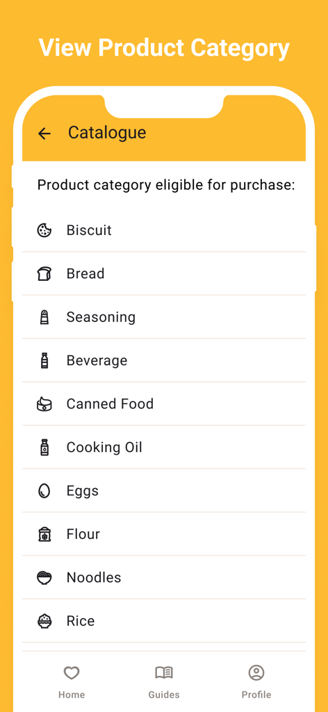 MyKasih - The MyKasih app screen showing a list of eligible product categories for purchase like bread and cooking oil.
