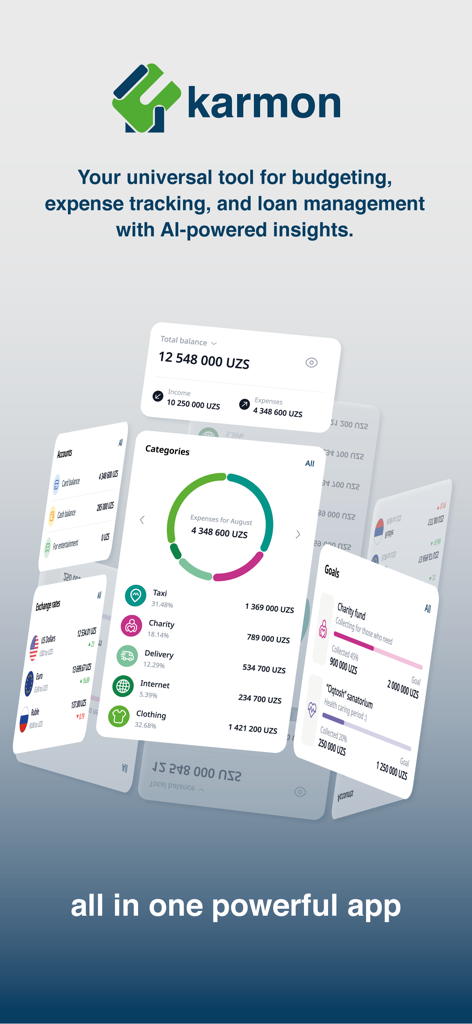 Karmon AI personal finance app interface for budgeting and expense tracking