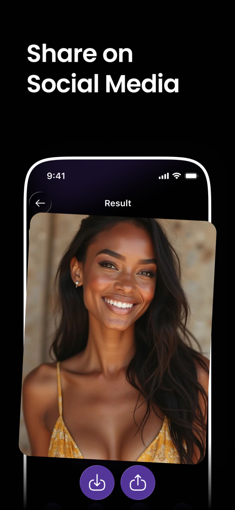ReSnap: AI Photos & Edits - Tela de smartphone mostrando um retrato gerado por IA de uma mulher com botões de compartilhamento em redes sociais e download