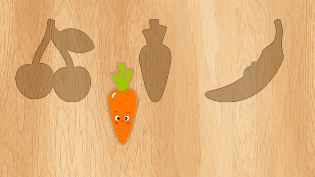 Baby games for one year olds! - Educational fruit and vegetable shape matching puzzle for toddlers on a wooden background