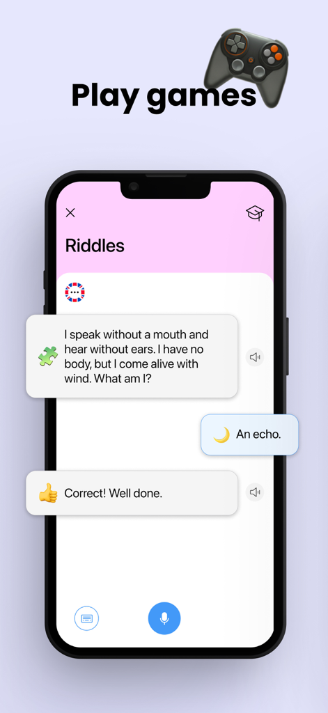 Learn English with AI - A smartphone displaying a riddle game within the Learn English with AI app featuring a chat-based interaction.