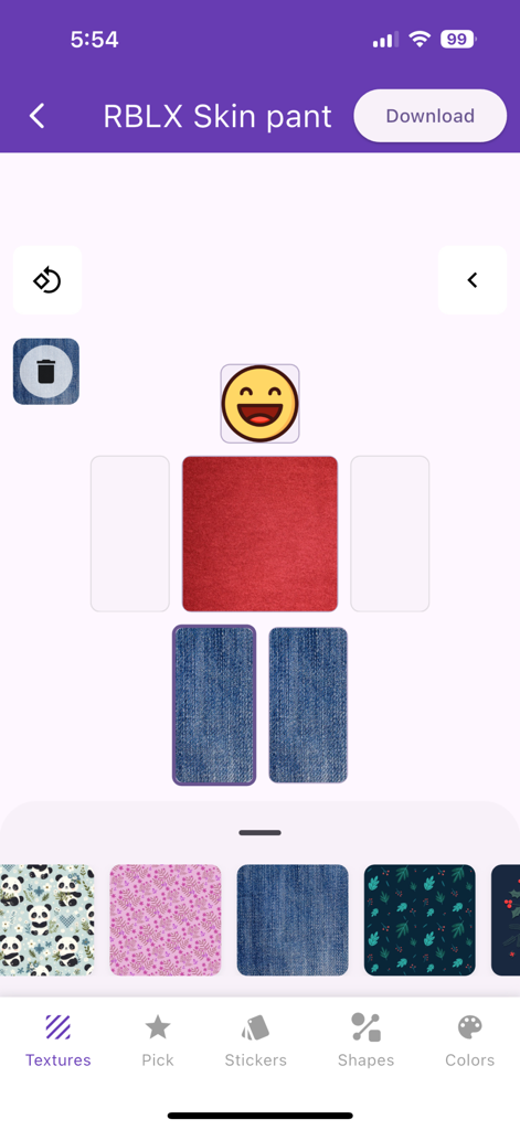 Interface do aplicativo BloxCreator mostrando um design de skin Roblox personalizado para calças com texturas de jeans.