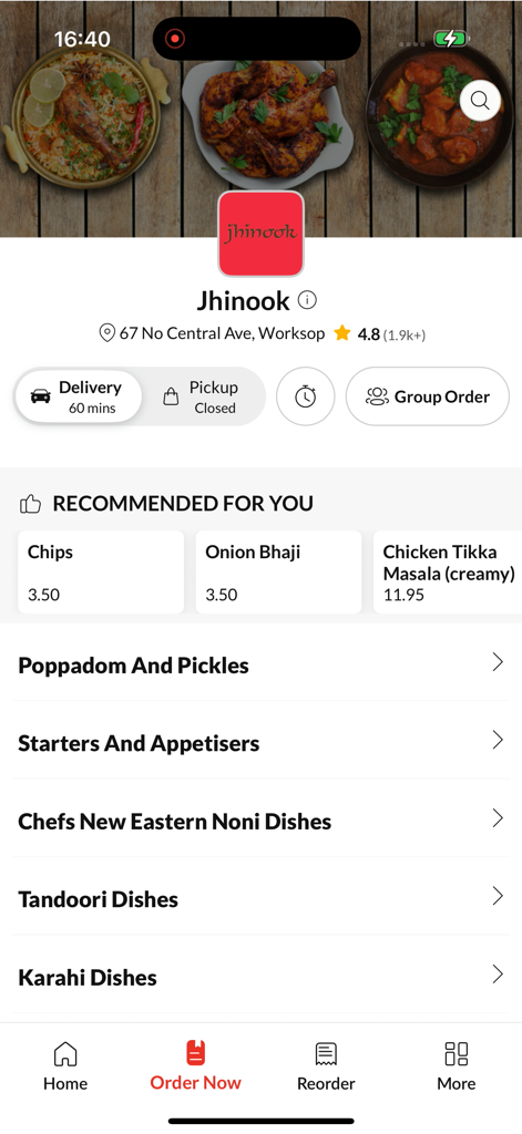 Jhinook - Jhinook app interface showing restaurant menu with recommended dishes and categories