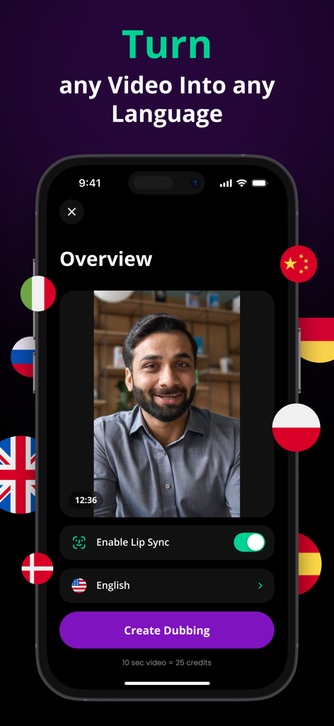 AI Video Translator & Dubbing - Mobile app interface for AI video translation and dubbing with lip sync feature