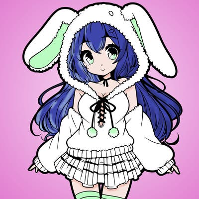 pretty anime girl wearing a fluffy hoodie with bunny ears on the hood and a skirt