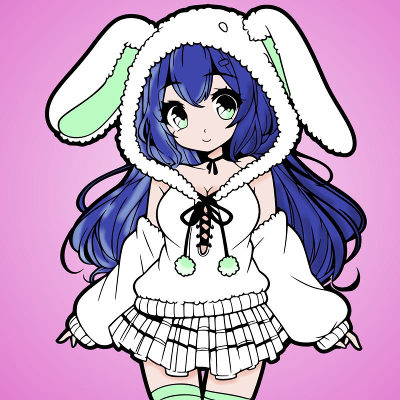 pretty anime girl wearing a fluffy hoodie with bunny ears on the hood and a skirt