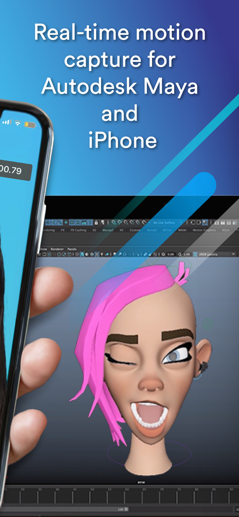 Captura de movimiento facial en tiempo real usando MocapX para Autodesk Maya en un iPhone.