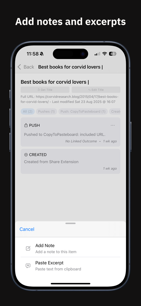 Interfaz de la aplicación Subset Network para agregar notas y fragmentos a contenido guardado