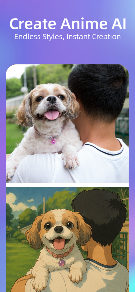 Anime AI - Uma comparação mostrando uma foto real de uma pessoa carregando um cachorro e sua versão de anime gerada por IA