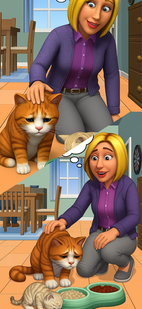 Cat Life Virtual Pet Simulator - Uma mulher acariciando um gato malhado laranja virtual enquanto um gatinho come de uma tigela de comida em uma sala de estar