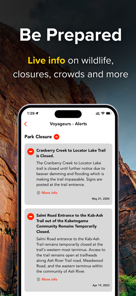 Chimani app interface showing live national park alerts and trail closures