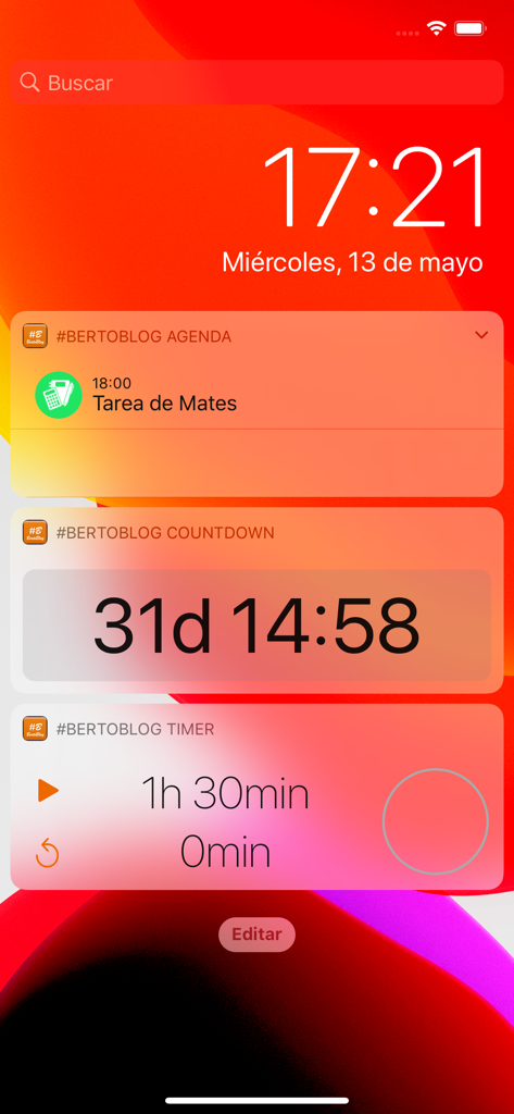 #BertoBlog - A mobile screen showing the #BertoBlog iOS widgets for study agenda, exam countdown, and stopwatch timer.