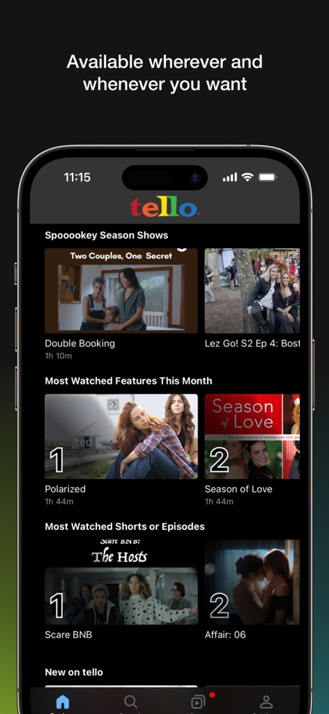 Tello Films - Screenshot of the Tello Films app interface showcasing original LGBTQ+ women content including movies and series categories