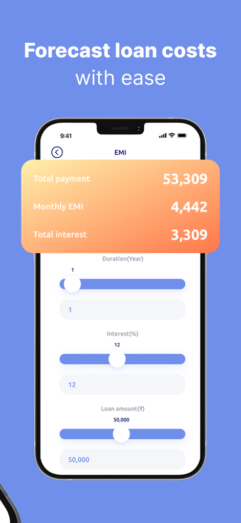 TrackFinance - Loan Calculator - Interface mobile TrackFinance affichant un calculateur de prêt EMI et une prévision des coûts