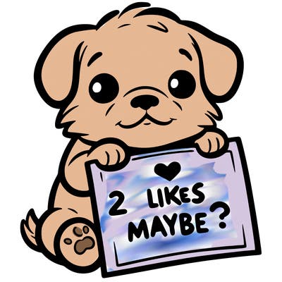 a puppy holding a sign that says 2 likes maybe?