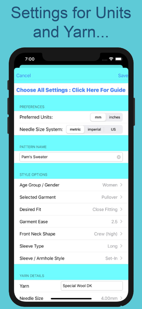Mobile app screen showing settings for knitting pattern units yarn and garment style