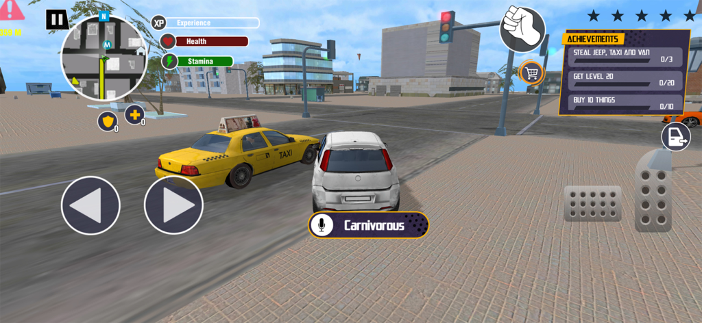 Vegas Mafia: Grand City Battle - Gameplay scene of Vegas Mafia Grand City Battle featuring a car chase in a 3D city