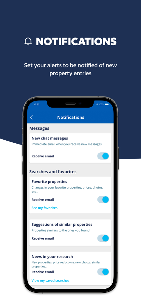 SUPERCASA - SUPERCASA app screen showing settings for real estate alerts and email notifications