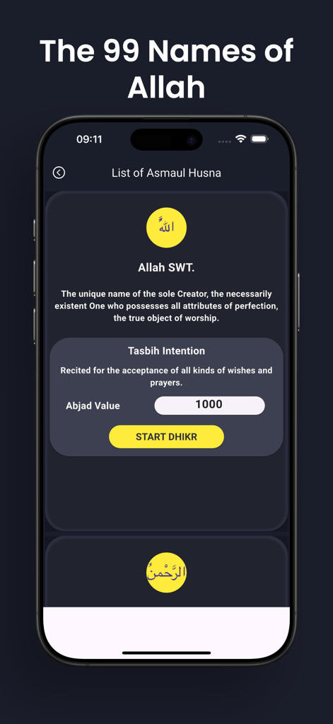 Digital Tasbeeh Counter app screen showing the 99 Names of Allah with English definitions and start dhikr button