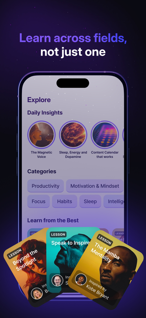 생산성 및 사고방식과 같은 다양한 학습 범주와 전문가 주도 레슨 카드를 표시하는 RiseGuide 앱의 탐색 화면